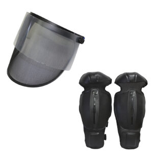 Kit de protección: protectores de espinilla + pantalla facial con malla metálica